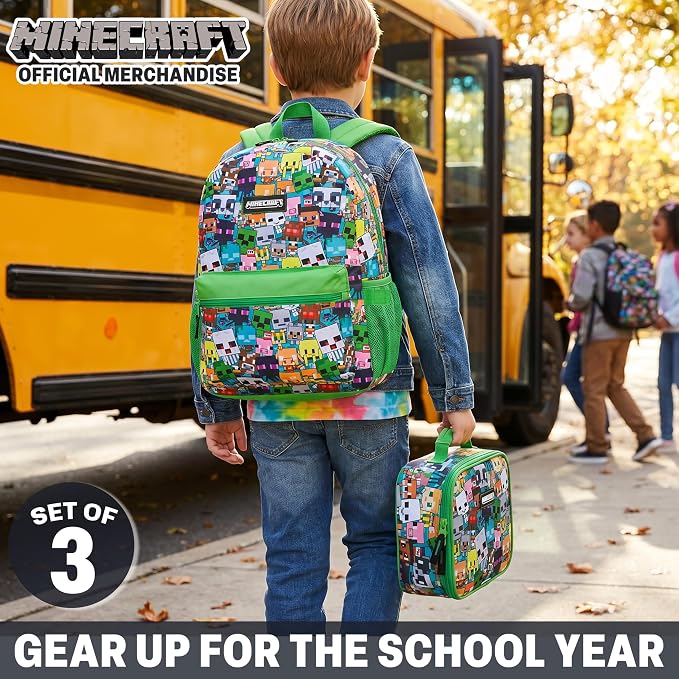 Get Trend Minecraft Kids Backpack Set for Boys with Insulated Lunch Bag & Pencil Case, 3 Pc Book Bag with Padded Straps for School, Travel, Creeper Gamer Gifts for Boys (Green/Multi Minecraft) - Image 4