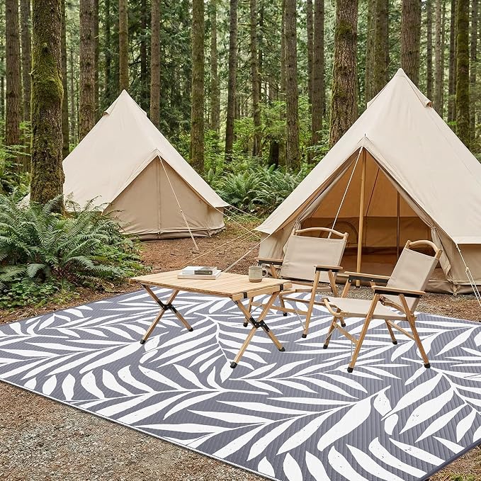 Smiry Outdoor Rug 8x10 ft, Waterproof Reversible Plastic Straw Rugs, Outdoor Area Rug with Leaf Pattern, Outside Floor Mat for Patio, Backyard, Deck, Picnic, Beach, Camping, Grey & White - Image 7
