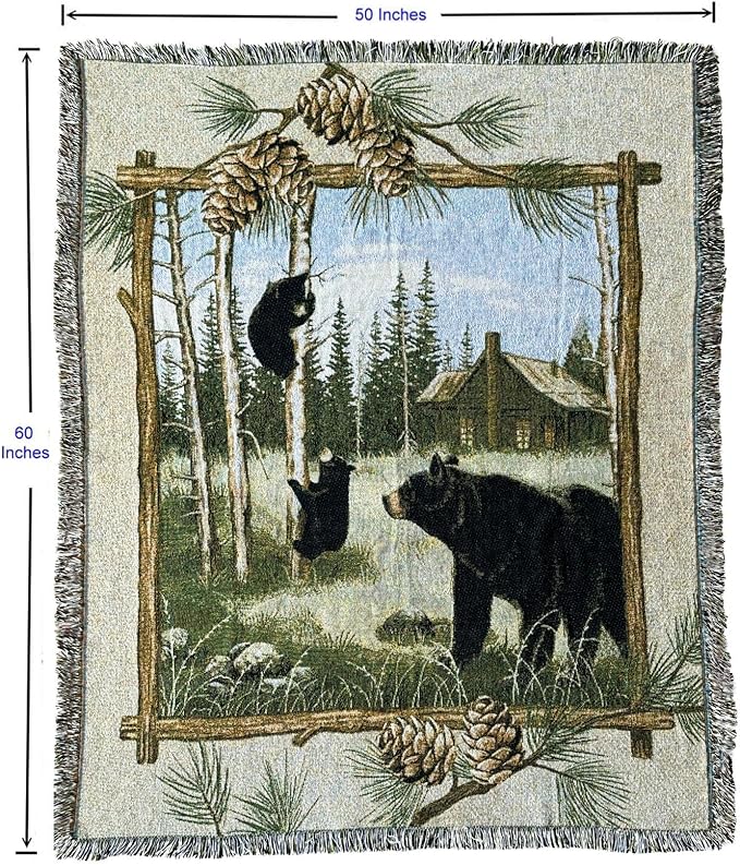 Log Cabin Bear Family Woven Tapestry Throw Blanket Wall Hanging Art Handicrafts Jacquard Multipurpose Soft Travel Mat Outdoor with Fringe Tassels 50 X 60 Inches