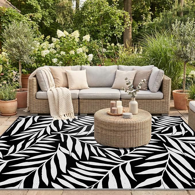 Smiry Outdoor Rug 9x12 ft, Waterproof Reversible Plastic Straw Rugs, Outdoor Area Rug with Leaf Pattern, Outside Floor Mat for Patio, Backyard, Deck, Picnic, Beach, Camping, Black & White - Image 5