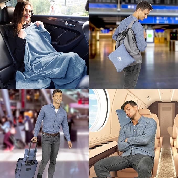 BlueHills Premium Soft Long Travel Blanket Airplane Throw - Grayish Blue | 70 X 48 Long Travel Blanket Pillow, Luggage Strap & Backpack Clip, Large Compact 2 in 1 Throw Airplane Traveling Essentials - Image 3