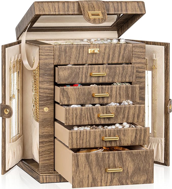 AKOZLIN 6-Tier Jewelry Box Organizer Functional 5 Drawers Leather Jewelry Storage Case for Women Girls Ring Necklace Earring Bracelet Holder Organizer with Mirror Wood Grain 360° Rotating by AKOZLIN