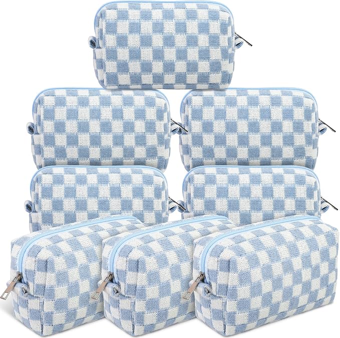 Gilprop 8 Pcs Checkered Makeup Bag for Purse Small Cosmetic Pouch Bulk Portable Zipper Makeup Pouch Travel Toiletry Organizer Gifts for Women Bridesmaid Wedding Party Favors (Blue) by Gilprop