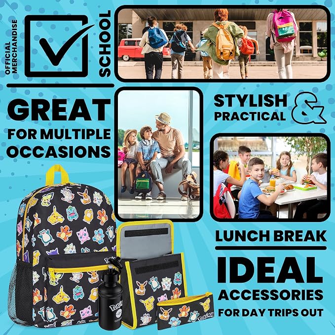 Pokemon Backpack Set 4 Pcs for Kids with Backpack Water Bottle Pencil Case Lunch Bag or Wallet Anime School Supplies Gifts (Black/Multi) - Image 4