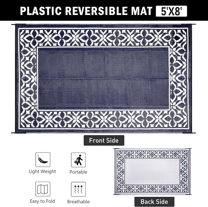 PureCozy Outdoor Plastic Straw Rug Navy Blue Large Outside Waterproof Outdoor Patio 5x8 Carpet Geometric Reversible Mat Modern for Camping RV Porch Deck Balcony Beach - Image 5