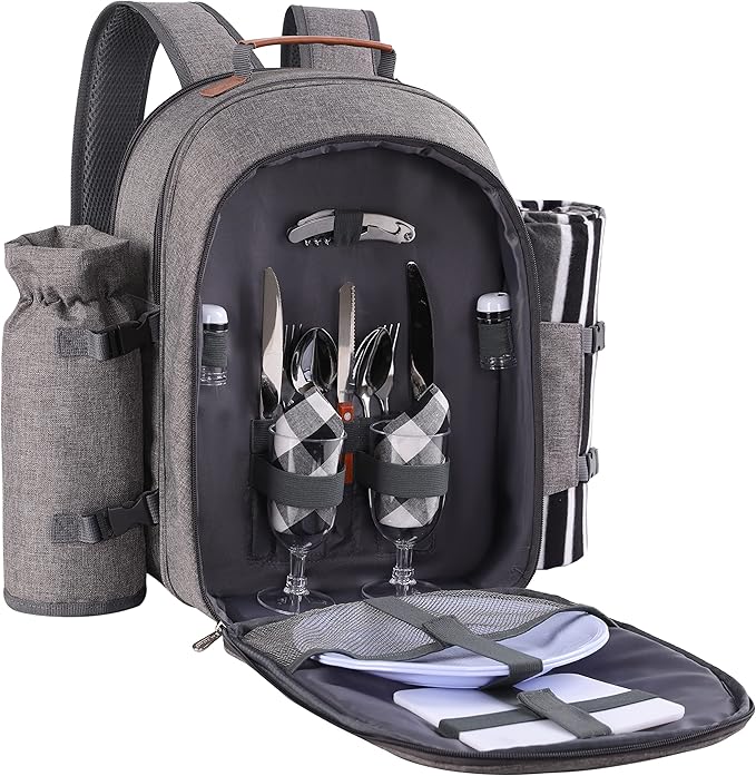 Apollo Walker Picnic Backpack Set for 2 Person with Cooler Compartment, Detachable Bottle/Wine Holder, Fleece Blanket, Plates and Cutlery Set by apollowalker