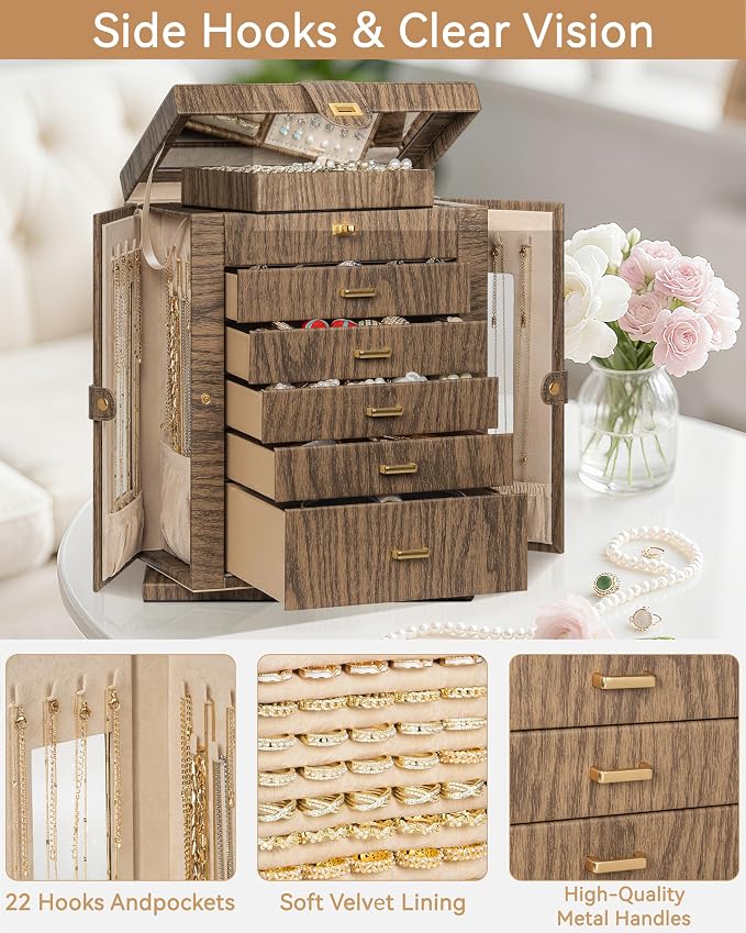 AKOZLIN 6-Tier Jewelry Box Organizer Functional 5 Drawers Leather Jewelry Storage Case for Women Girls Ring Necklace Earring Bracelet Holder Organizer with Mirror XL Wood Grain 360° Rotating - Image 6