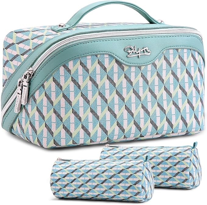 BOYATU Travel Makeup Bags for Women: Large Capacity Cosmetic Bag Set of 3 - Vegan Leather Make up Bags with Compartments - Wide Open Waterproof Toiletry Organizer Bag with Handle (P-02-Blue) by BOYATU