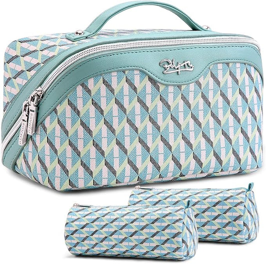 BOYATU Travel Makeup Bags for Women: Large Capacity Cosmetic Bag Set of 3 - Vegan Leather Make up Bags with Compartments - Wide Open Waterproof Toiletry Organizer Bag with Handle (P-02-Blue) by BOYATU