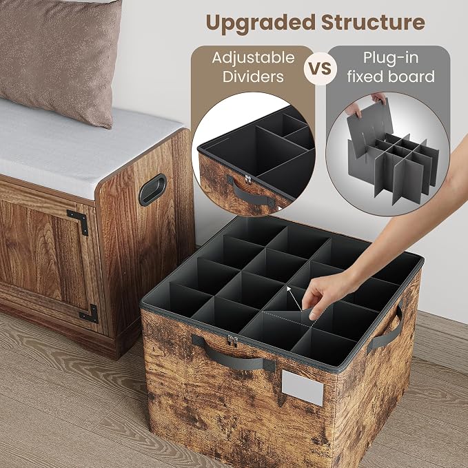 Varhomax Shoe Organizer Box for Closet, Fabric Shoe Storage Bin with Adjustable Dividers & Clear Cover, Holds up 16-32 Pairs of Sneakers & Sandals for Entryway, Cubby (Rust Brown) - Image 6