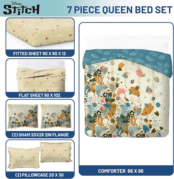 Disney Lilo and Stitch Queen Comforter Set 7 Piece Floral Bedding, Multi | Bed in a Bag, Comforter Sheets Shams Pillowcases, Official Product, Soft Microfiber, Machine Washable, Girls Gift - Image 3