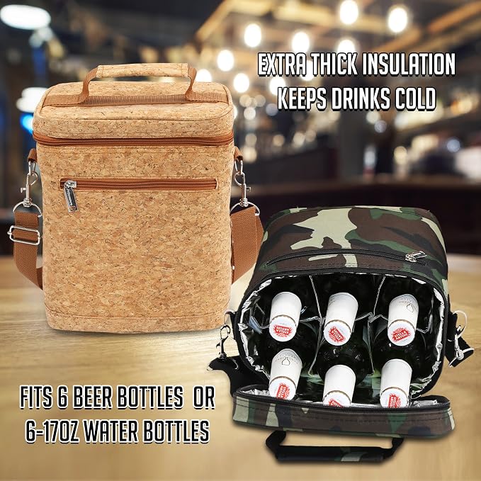 Primeware 6 Pack Bottle Beer Bag Extra Thick Insulation Keeps Drinks Cold Multi-Use for Water, Beer, Coffee or Any Other Beverage, BYOB & Barbecues (Cork) - Image 6