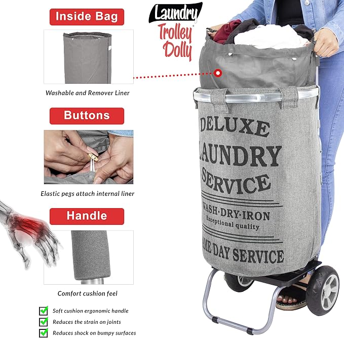 dbest products Laundry Trolley Dolly, Grey Laundry Bag Hamper Basket cart with wheels sorter - Image 3