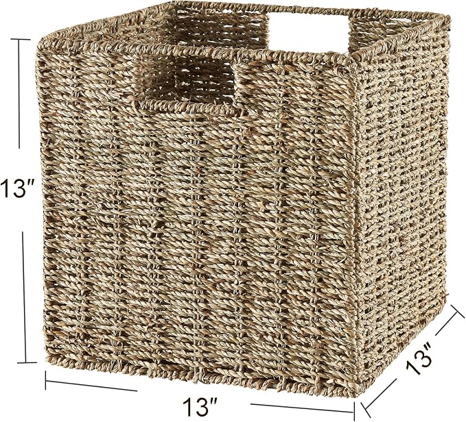 Vagusicc Wicker Storage Basket, Set of 2 Seagrass Storage Baskets, 13 Inch Foldable Wicker Basket Square Cube Storage Bins Storage Baskets for Organizing Shelf Baskets, 13''x13''x13'' - Image 2