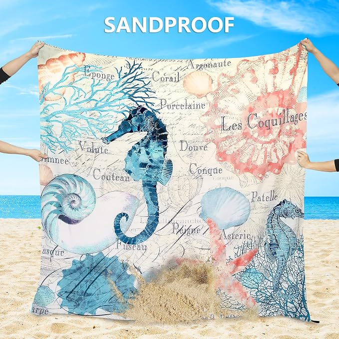 HIHOHO Beach Blanket Waterproof Sandproof Beach Mat for 1-8 Adults Quick Drying Durable Outdoor Picnic Mat for Beach Festival Travel Camping Hiking (Vintage-Seahorses, 79"×83"(4 Person)) - Image 5