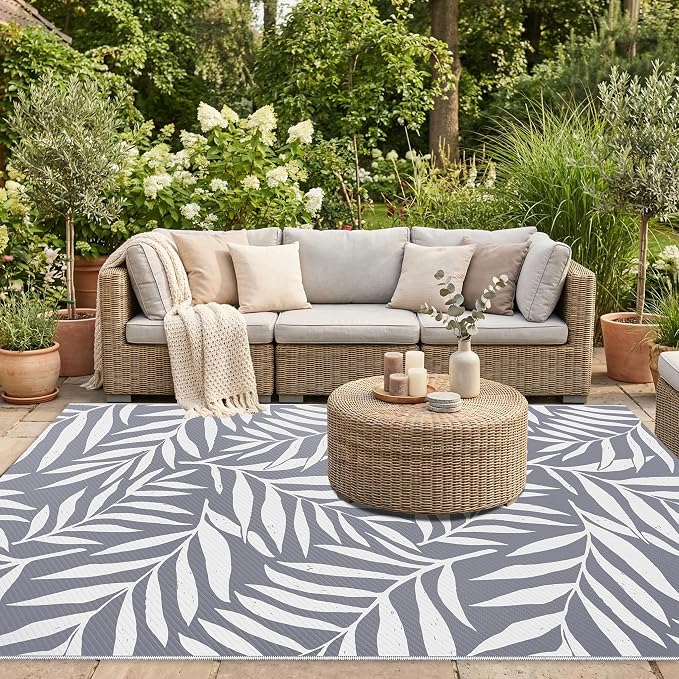 Smiry Outdoor Rug 5x8 ft, Waterproof Reversible Plastic Straw Rugs, Outdoor Area Rug with Leaf Pattern, Outside Floor Mat for Patio, Backyard, Deck, Picnic, Beach, Camping, Grey & White - Image 5
