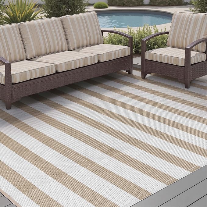 PureCozy Outdoor Waterproof Patio Rug 10x14 Plastic Straw Reversible Lightweight Outside Beige Striped Large Carpet Outdoor for Camping RV Porch Deck Balcony Beach - Image 6