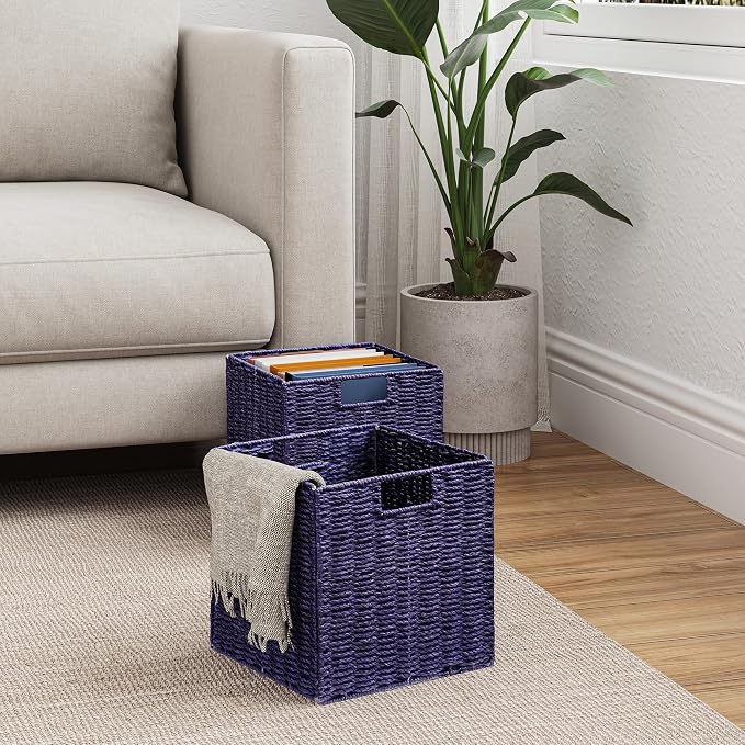 Vagusicc Wicker Storage Basket, Set of 2 Hand-Woven Paper Rope Wicker Basket, Foldable Cube Storage Bins, 9 inch Square Storage Baskets for Organizing Shelves & Decor, Purple (9″×9″×9″) - Image 3