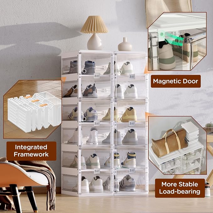 ANTBOX Foldable Shoe Rack,Shoe Organizers for Closet Plastic Shoe Storage Box Space Saving for Entryway, Large Sturdy Stackable Sneaker Cabinet Bins with Magnetic Clear Door 6 Tiers 12 Pairs - Image 6