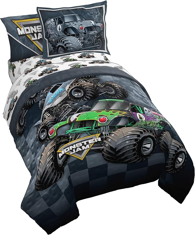 Monster Jam Trucks Full Comforter Set 7 Piece Kids Bedding for Boys, Multi | Grave Digger Megalodon, Bed in a Bag, Comforter Sheets Shams Pillowcases, Soft Microfiber, Machine Washable, Boys Gift by JayFranco