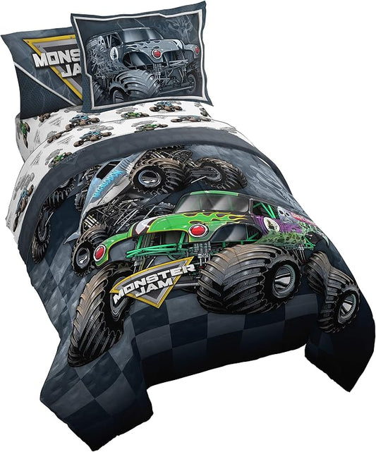 Monster Jam Trucks Full Comforter Set 7 Piece Kids Bedding for Boys, Multi | Grave Digger Megalodon, Bed in a Bag, Comforter Sheets Shams Pillowcases, Soft Microfiber, Machine Washable, Boys Gift by JayFranco