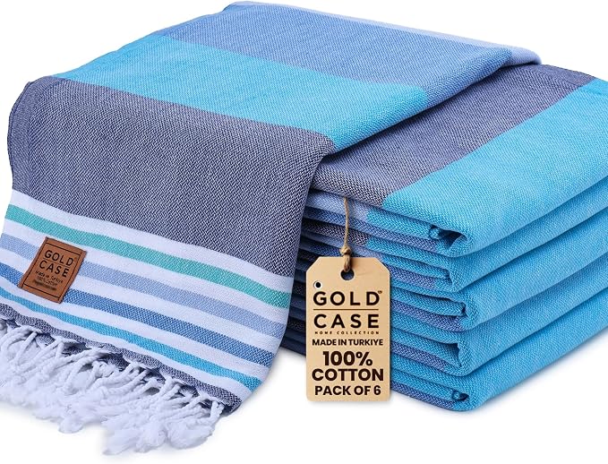 Gold CASE Turkish Beach Towel Set of 6 – 100% Cotton Large Turkish Bath Towels 70 x 38'' – OLYMPOS Oversized, Quick Dry & Sand Free Beach Towel – Lightweight Towels Set - Blue by GoldCaseHomeCollection