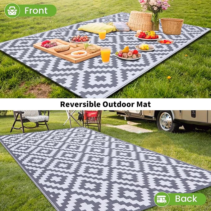 Smiry Waterproof Outdoor Rug 9X18 ft, Reversible Plastic Straw Patio Camping Rugs, Outdoor Indoor RV Mat Carpet for Patio, Outside Entry, Backyard, Deck, Bench, Picnic, Camper, White & Grey - Image 6