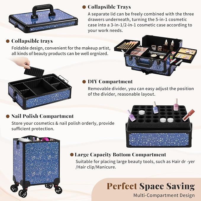 AROUS Rolling Makeup Train Case 5 in 1 Cosmetology Case on Wheels Large Cosmetic Organizer Travel Cart for Hairstylist Artist Nail Beauty Salon Barber,Blue - Image 7