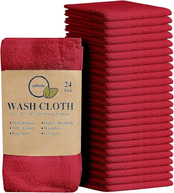 100% Cotton Washcloths 24 Pack (12x12 Inches) Soft, Highly Absorbent Washcloth, Face Towels, Wash Cloths for Face, Ring Spun, Bulk Pack (Red) by Softolle