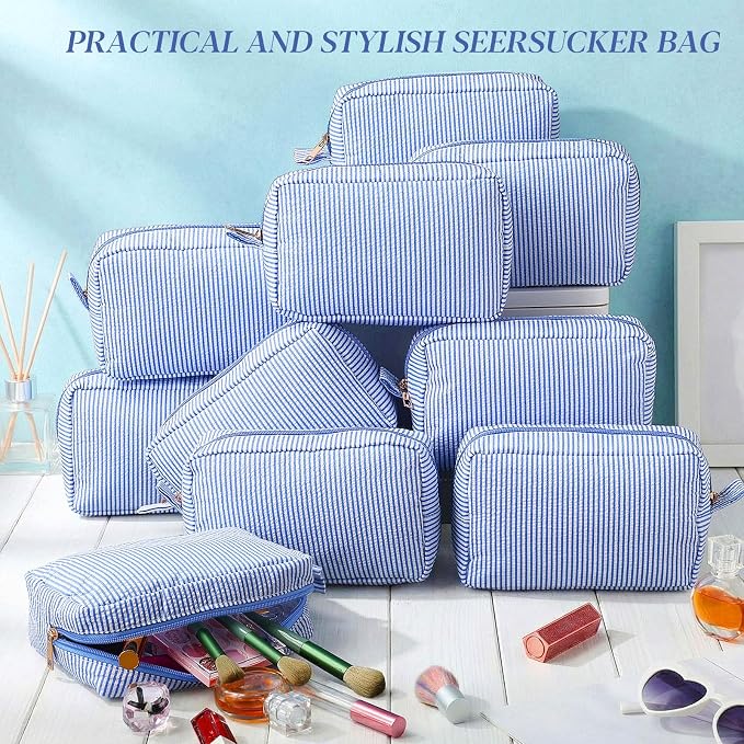 Sanwuta 10 Pcs Seersucker Cosmetic Bag Seersucker Makeup Bag Women Stripe Large Travel Toiletry Organizer Preppy Storage Pouch for Embroidery Wedding Bridesmaid Bride Mom (Navy Blue) - Image 5