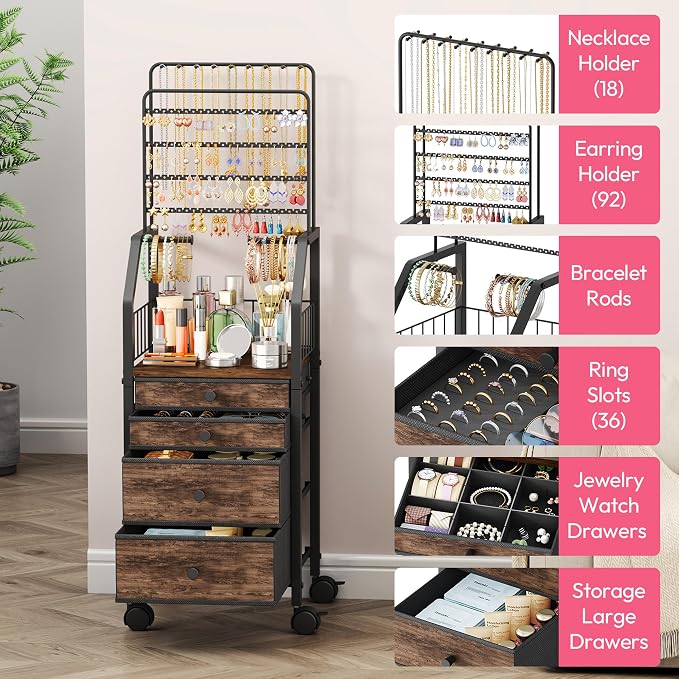 SWTYMIKI Jewelry Organizers and Storage- Multifunctional Stand Jewelry Organizer Cabinet for Necklace, Earring, Ring & Bracelet - Jewelry Box Necklace Holder with 4 Nonwoven Drawers & Wheel Espresso - Image 2