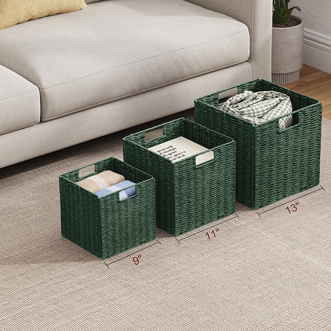 Vagusicc Wicker Storage Basket, Set of 2 Hand-Woven Paper Rope Wicker Basket, Foldable Cube Storage Bins, Square Large Storage Baskets for Organizing Shelves & Decor, Orange (13″×13″×13″) - Image 5