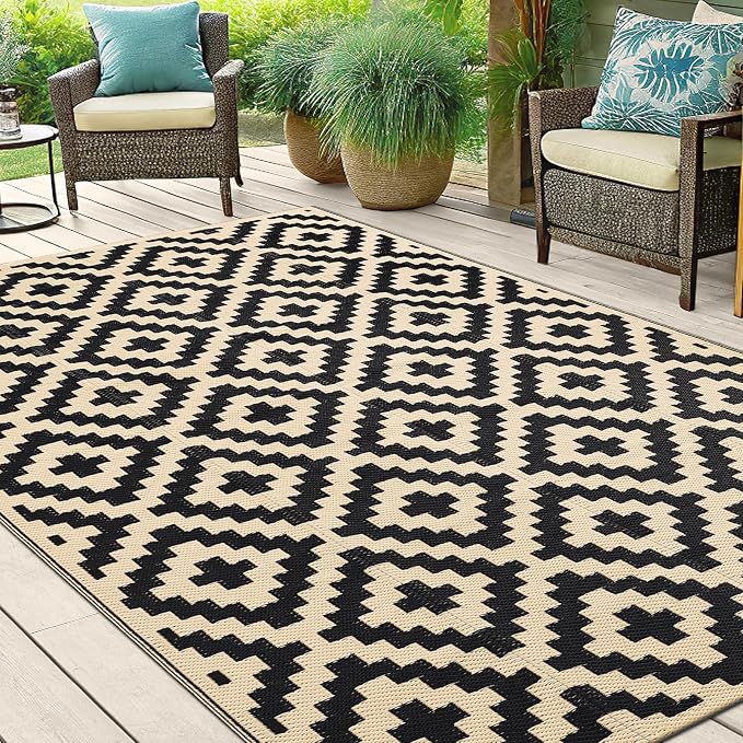 Smiry Waterproof Outdoor Rug 5x8 ft, Reversible Plastic Straw Patio Camping Rugs, Outdoor Indoor RV Mat Carpet for Patio, Outside Entry, Backyard, Deck, Bench, Picnic, Camper, Black & Beige - Image 6