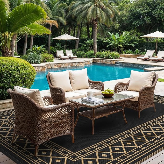 GENIMO Outdoor Rug, Waterproof Plastic Rugs for Patio, 8'x10' Black Brown | Outside Larger Modern Carpet Mat for Porch Decor, Deck, Balcony, Camping, RV, Backyard, Picnic, Beach, Reversible - Image 4