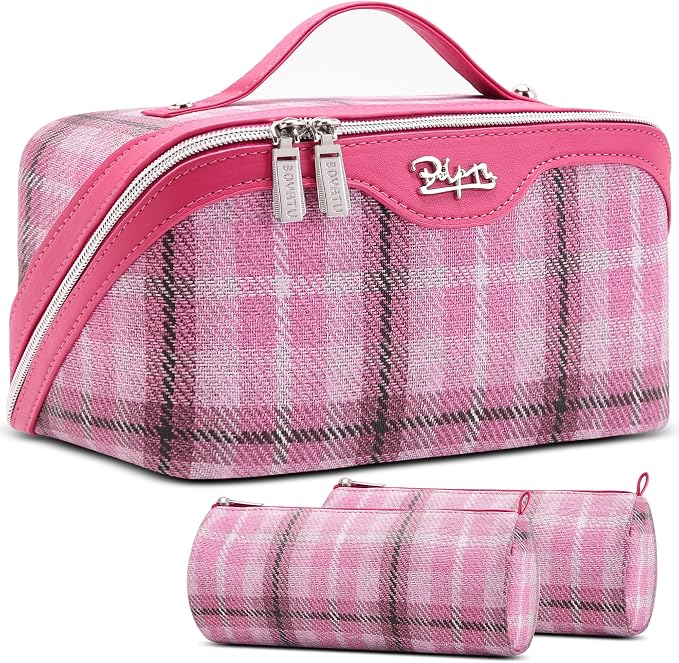 BOYATU Travel Makeup Bag for Women: Scottish Plaid 3 Pcs Set Cosmetic Organizer Bag - 180° Open Large Spacious Holds 50% More Cosmetics - Waterproof Leather Checkered Toiletry Bag (04-Pink) by BOYATU