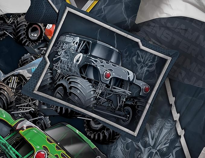 Monster Jam Trucks Full Comforter Set 7 Piece Kids Bedding for Boys, Multi | Grave Digger Megalodon, Bed in a Bag, Comforter Sheets Shams Pillowcases, Soft Microfiber, Machine Washable, Boys Gift - Image 6