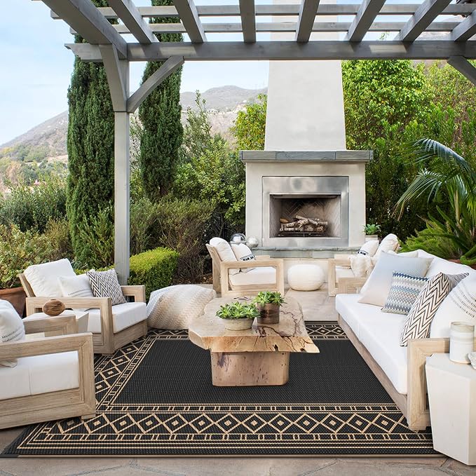 GENIMO Outdoor Rug, Waterproof Plastic Rugs for Patio, 5'x8' Black Brown | Outside Larger Modern Carpet Mat for Porch Decor, Deck, Balcony, Camping, RV, Backyard, Picnic, Beach, Reversible - Image 2