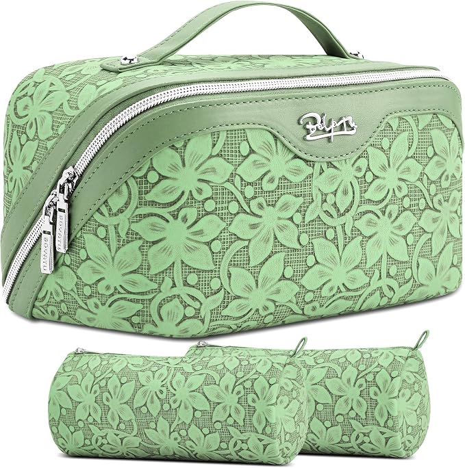 BOYATU Travel Makeup Bag Cosmetic Bags for Women: Large Capacity 3 Pcs Set Make up Bag with Compartments - Waterproof Vegan Leather Toiletry Organizer Bags with Handle (Z-65Light Green) by BOYATU