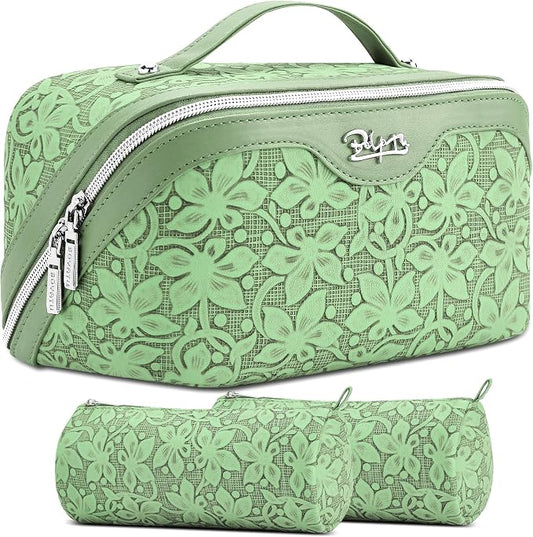 BOYATU Travel Makeup Bag Cosmetic Bags for Women: Large Capacity 3 Pcs Set Make up Bag with Compartments - Waterproof Vegan Leather Toiletry Organizer Bags with Handle (Z-65Light Green) by BOYATU