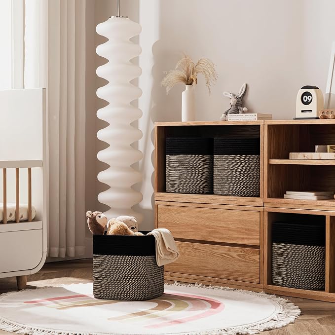 joybest 13x13x13 Inch Cube Storage Bins Set of 4, Cotton Rope Woven Organizer Basket for Shelves, Cube Bin Square Shelves Organizer Closet Storage, Nursery, Toy Organization, Black&Dark Brown - Image 3