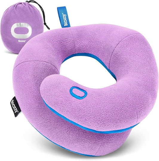 BCOZZY Kids Chin Supporting Travel Pillow for Ages 3–7- Patented Soft Neck Pillow for Head and Chin Support in Car Seat and Airplane. Comfortable Travel Essential. Small Size, Bag, Light Purple by BCOZZY