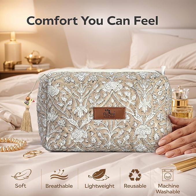 Ridhi Taupe Hand Block Printed Floral Toiletry Bag For Women 100% Cotton Quilted Set of 3 Waterproof Inner Lining, Cosmetic Jewelry Organizer, Travel Pouch, Essential Storage Purse Gifts - Image 8