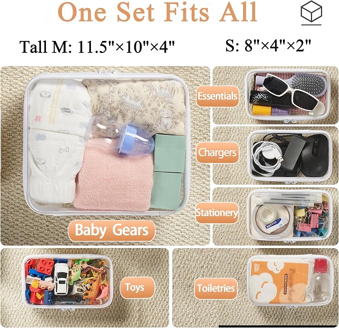 6 pcs Zipper Pouches, Hard Shell Toiletry Bag, Stackable Travel Organizer | Cosmetic Bags, Transparent Diaper Bag, Storage Cases (Tall M + 5S) - Image 3