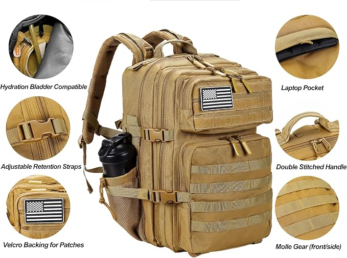 LHI Military Tactical Backpack for Men and Women 45L Army 3 Days Assault Pack Bag Large Rucksack with Molle System - Khaki - Image 4