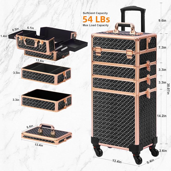 Somduy Rolling Makeup Case, Makeup Train Case with Lid, 5 in 1 Cosmetology Case on Wheels, Christmas Gift, Large Makeup Organizers, Profesional Cosmetic Case for Salon Barber, Black gold - Image 5