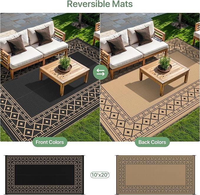 GENIMO Outdoor Rug, Waterproof Plastic Rugs 10'x20' for Camping Black Brown | Outside Larger Modern Carpet Mat for Porch Decor, Deck, Balcony, Camping, RV, Backyard, Picnic, Beach, Reversible - Image 5