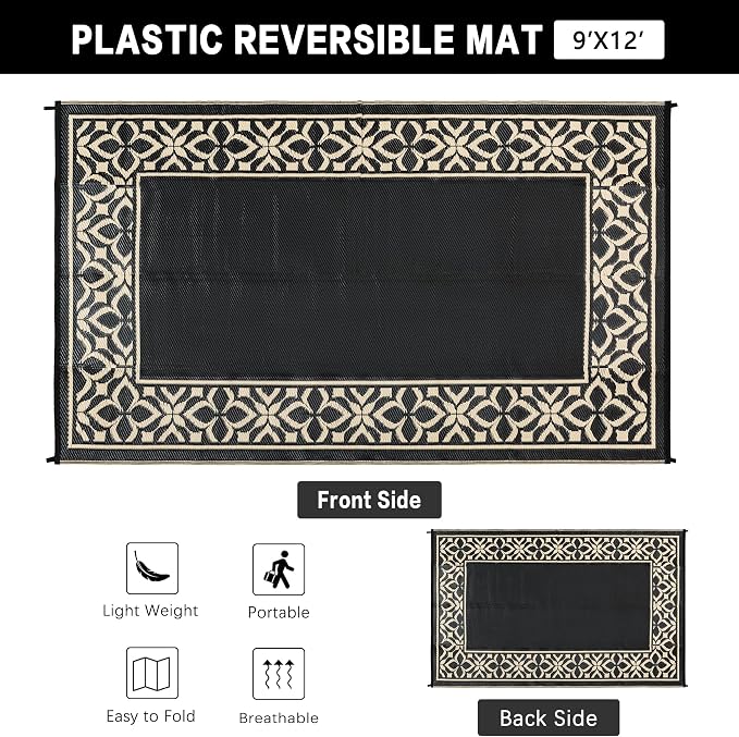 PureCozy Outdoor Plastic Straw Rug Black Beige Large Outside Waterproof Outdoor Patio 9x12 Carpet Geometric Reversible Mat Modern for Camping RV Porch Deck Balcony Beach - Image 4