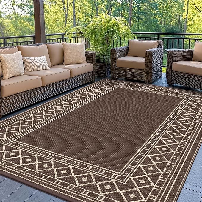 GENIMO Outdoor Rug, Waterproof Plastic Rugs for Patio, 6'x9' Coffee Beige | Outside Larger Modern Carpet Mat for Porch Decor, Deck, Balcony, Camping, RV, Backyard, Picnic, Beach, Reversible by GENIMO