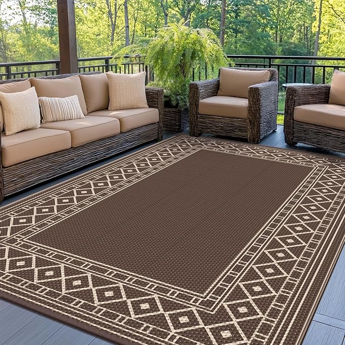 GENIMO Outdoor Rug Waterproof for Patio, 8'x10' Foldable Reversible Plastic Straw Carpet for Travel Trailers, Outside Area Mat for Rv, Deck, Picnic, Porch, Camper, Balcony, Beach, Coffee & Beige | Outside Larger Modern Carpet Mat for Porch Decor, Deck,... by GENIMO