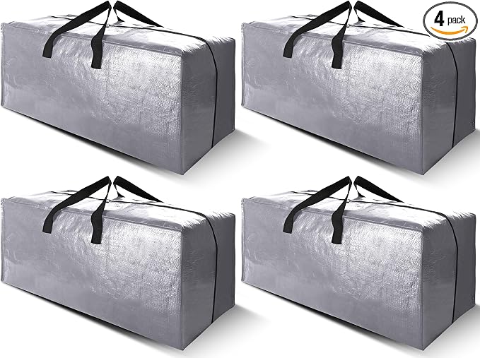 Cosy Family 4 Pack Heavy Duty Extra Large Moving Bags with Backpack Straps - Strong Handles & Zippers, Storage Totes For Space Saving, Fold Flat, Alternative to Moving Box (X-Large-Set of 4, Silver) by Cosy+Family